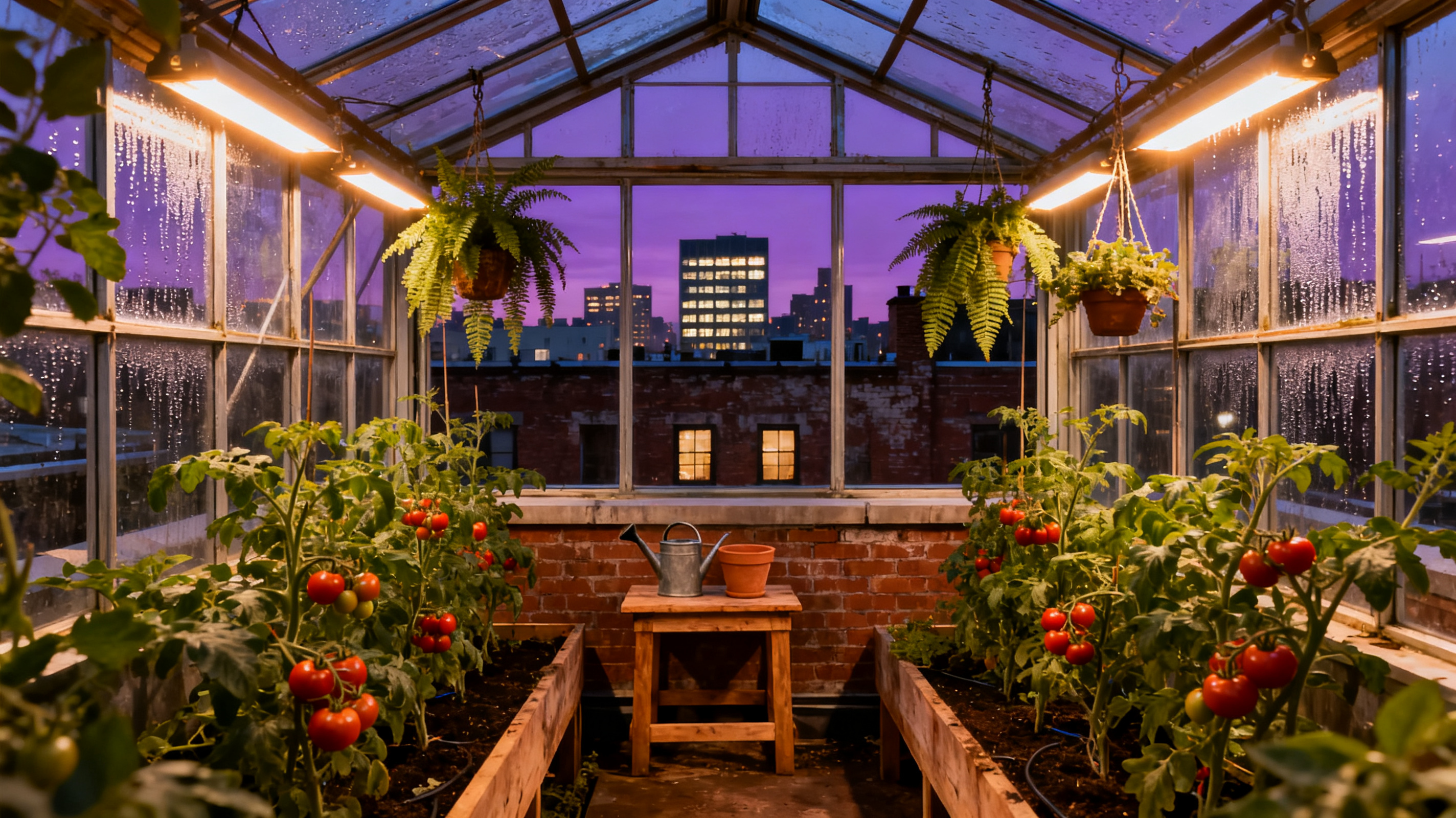 Seedream 4.0 Text-to-Image: Rooftop greenhouse at dusk