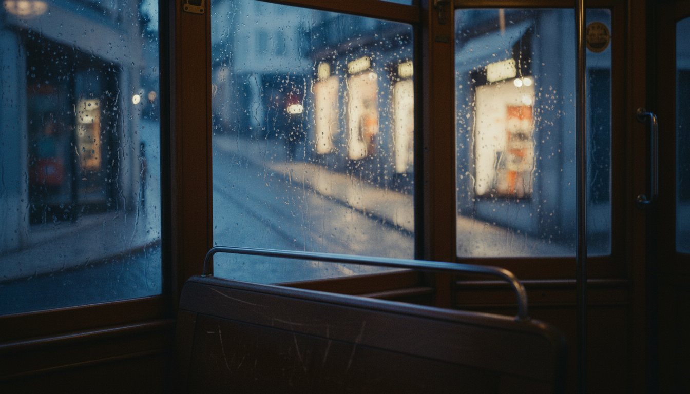 Nano Banana Text-to-Image: Rainy tram window at dusk