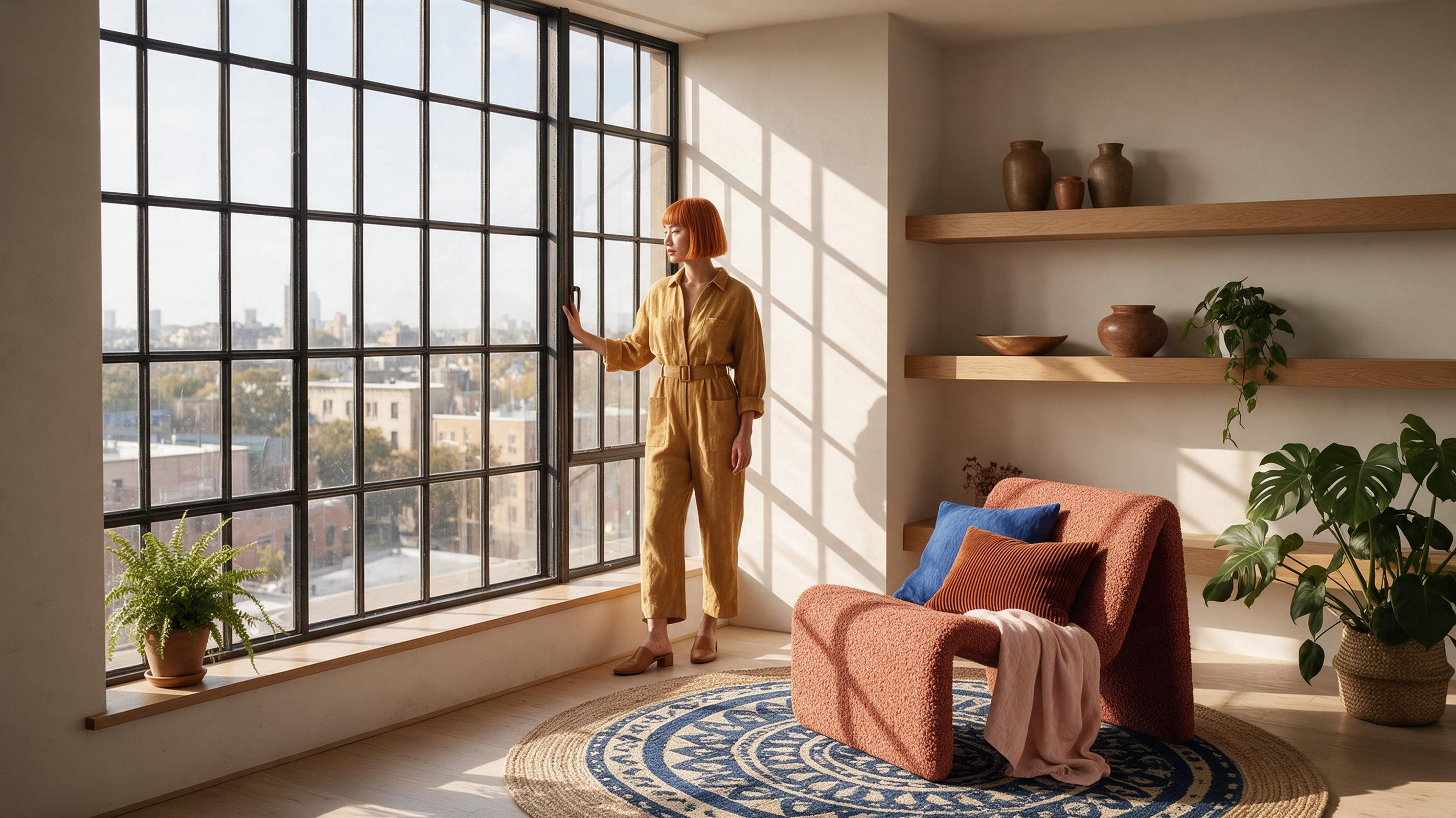 Mood-board collage to a sunlit loft