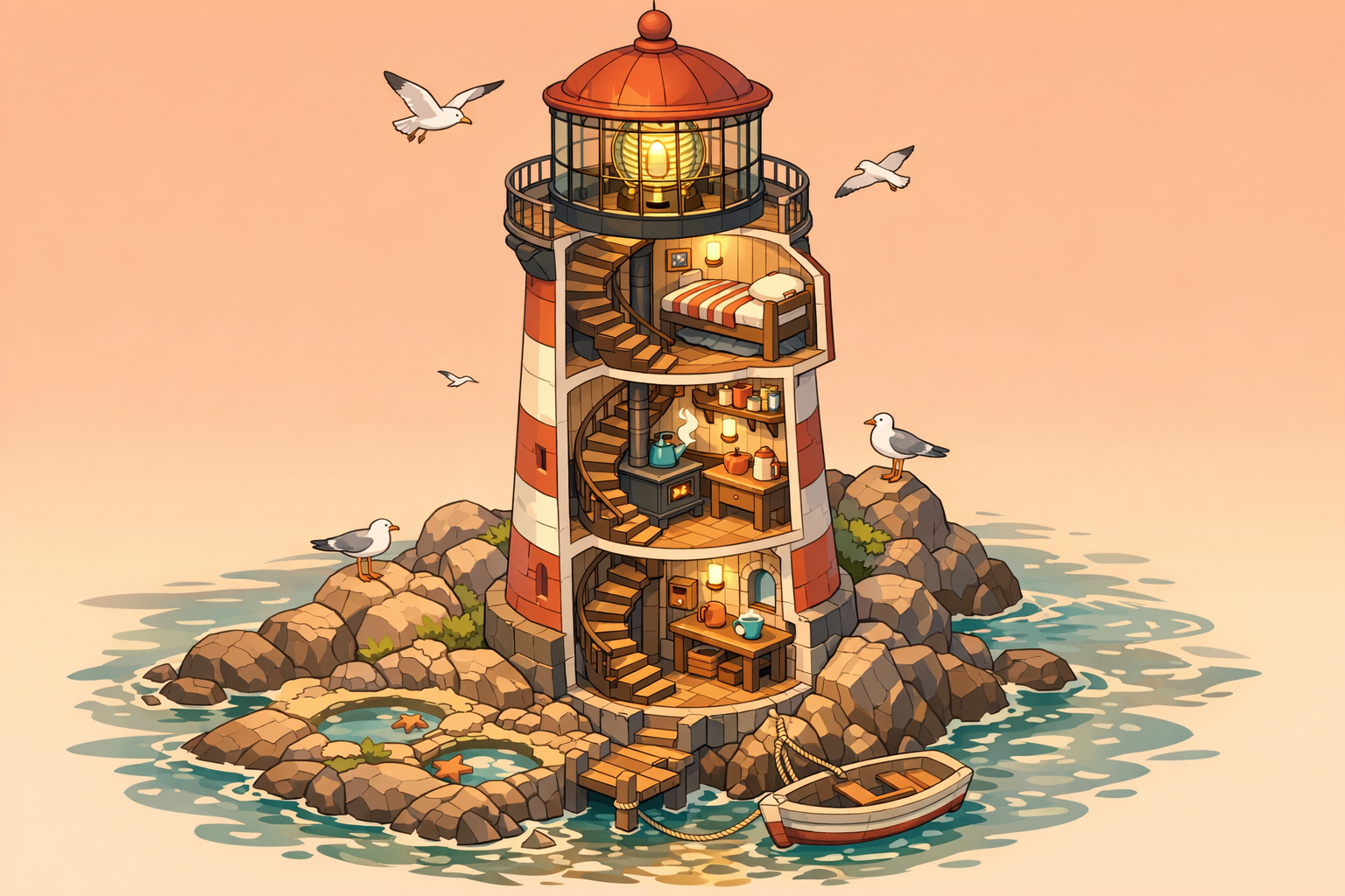 GPT Image 1.5 Image Edit: Lighthouse cutaway, isometric