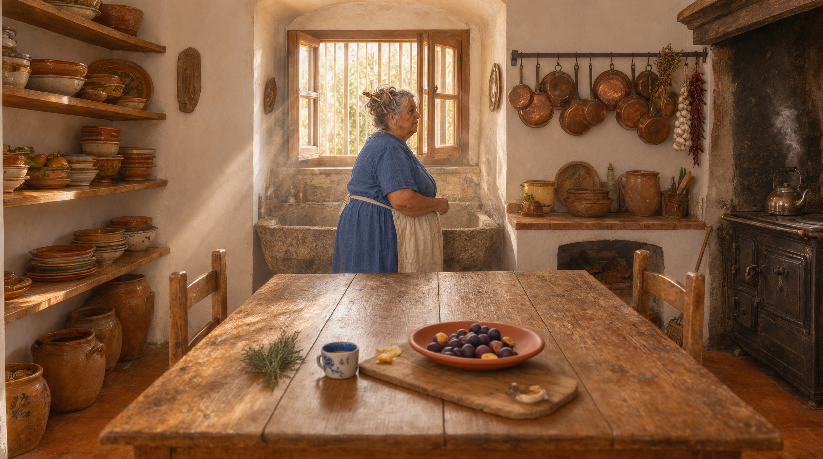 Breakfast laid on a farmhouse table