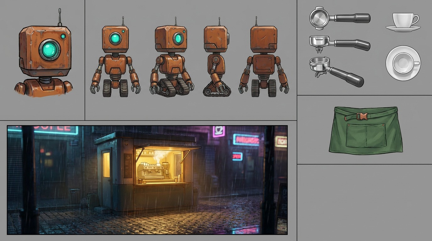 Animate a scene from a reference sheet: Robot barista at a rainy kiosk