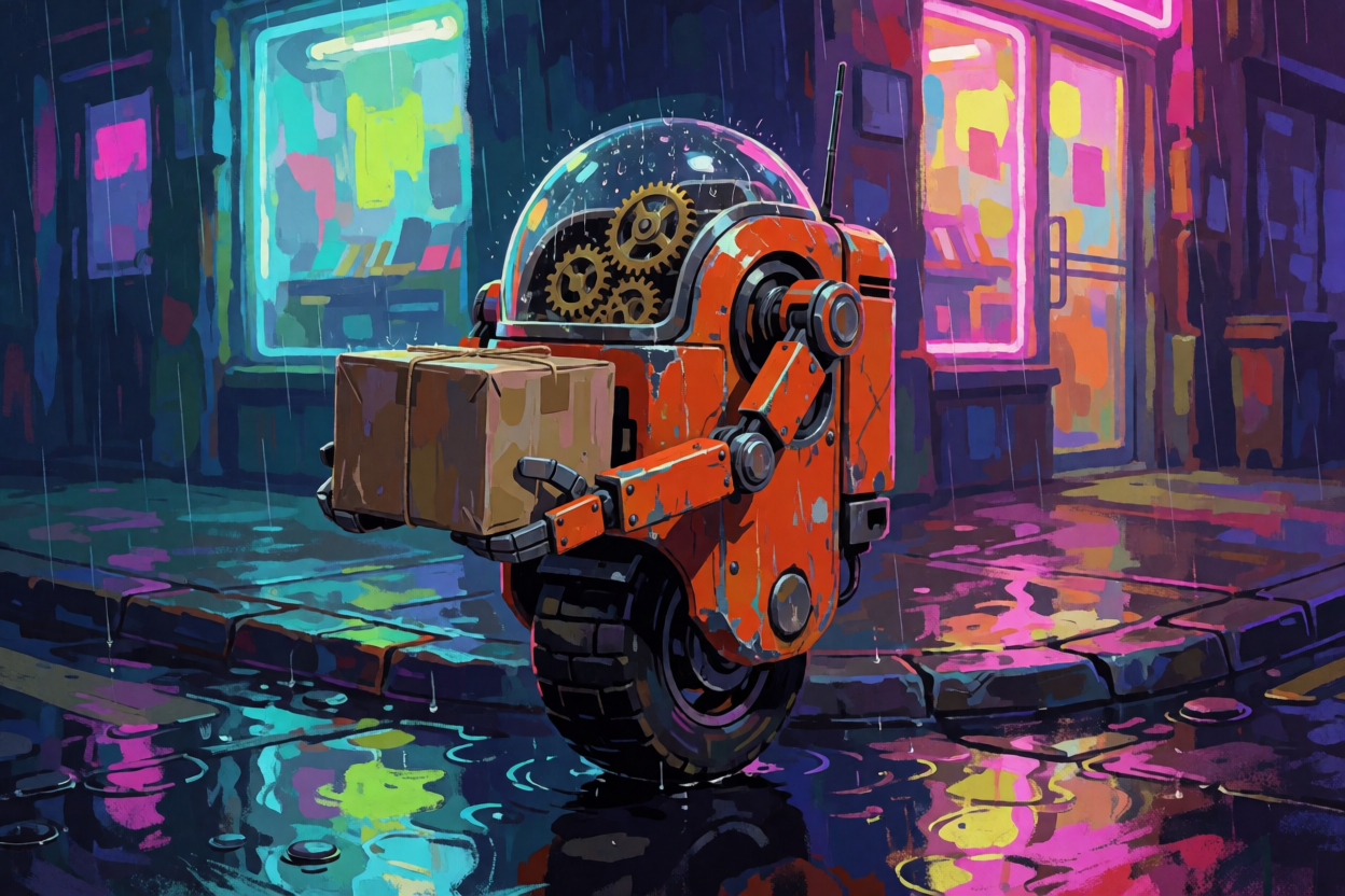 Krea 2 Medium Turbo Text-to-Image: Character concept, courier robot