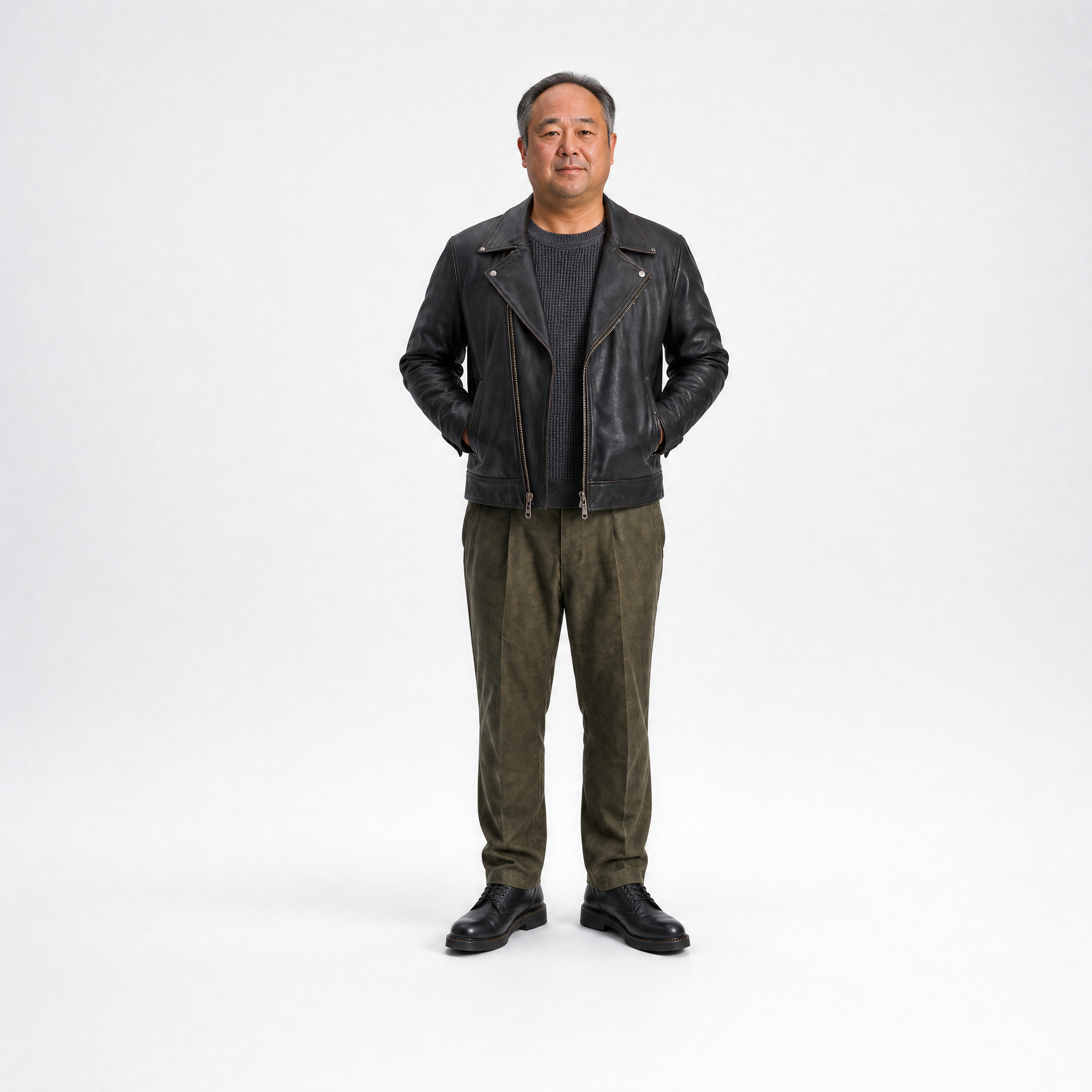 Leather and olive, four poses