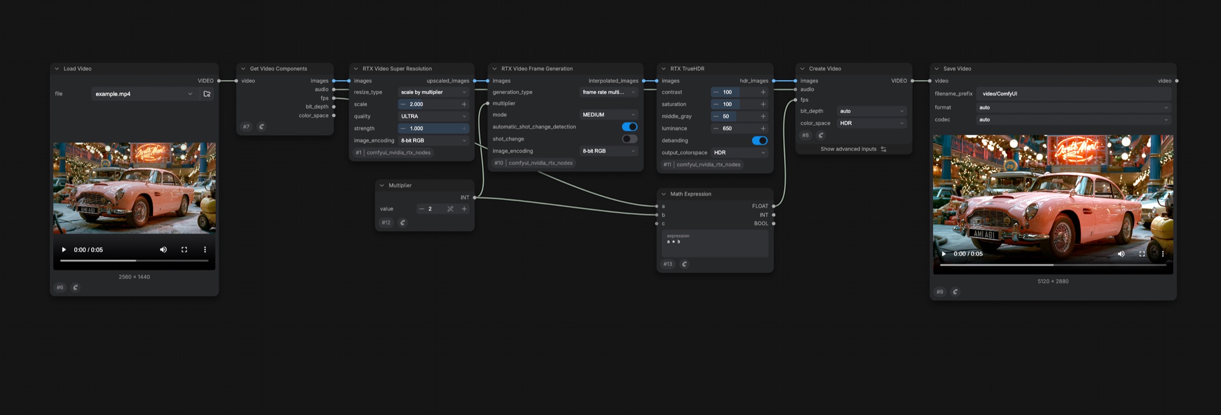 Super Resolution, Frame Generation and Video HDR nodes chained in one ComfyUI workflow